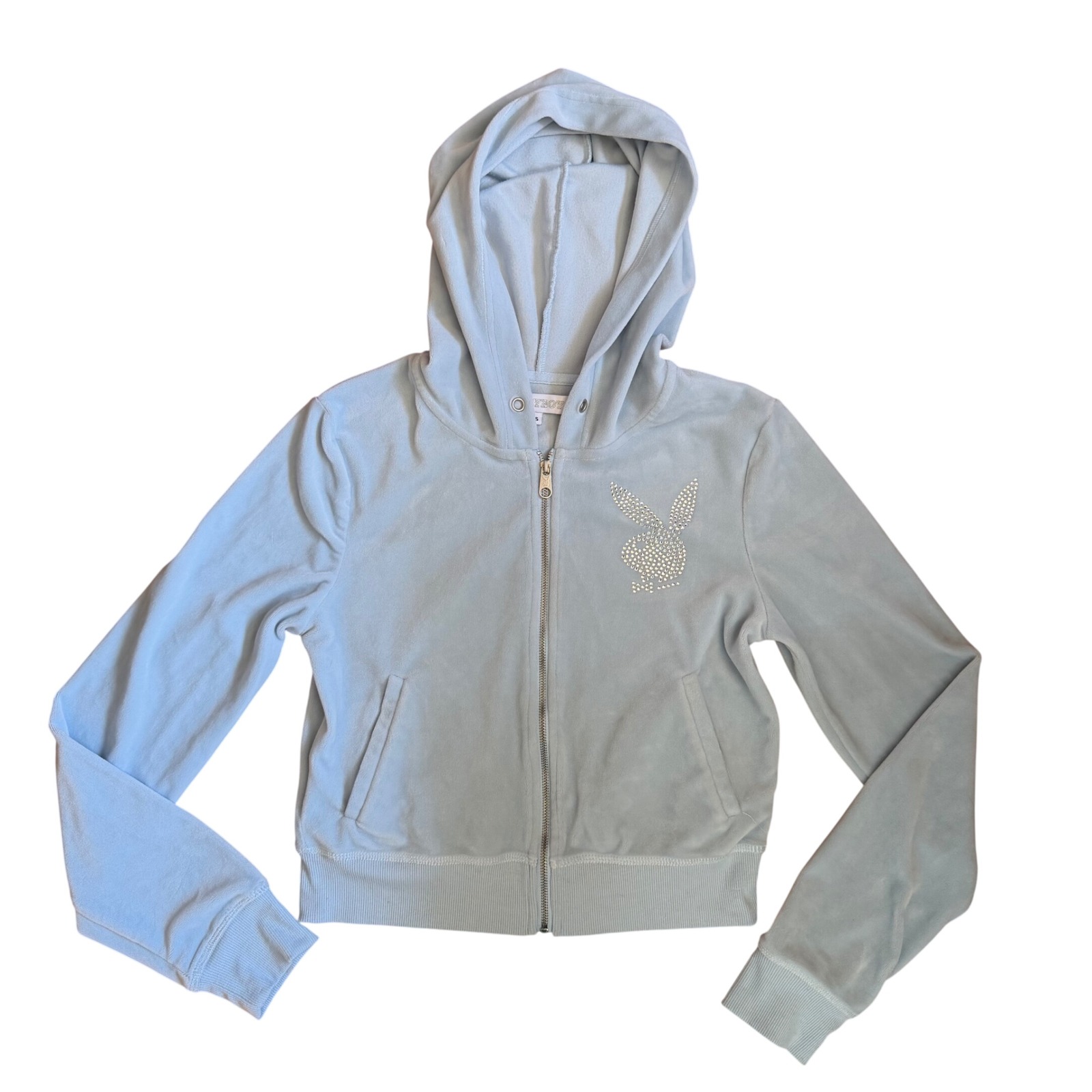 Rare Vintage Y2k Playboy Baby Blue Velour Rhinestone Bunny Hoodie Zip Up Small